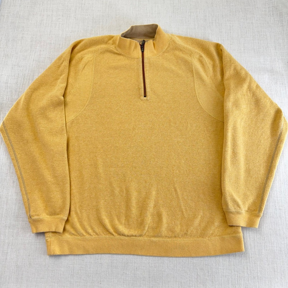 Tommy Bahama XLT Quarter Zip Pullover Sweater Yellow 100 Cotton Long Sleeve Tall